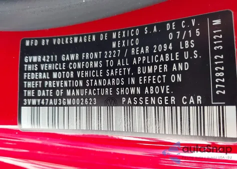 2016 Volkswagen Golf Gti Se W/Performance Package 2-Door z USA, uszkodzony, nr VIN 3VWY47AU3GM002623